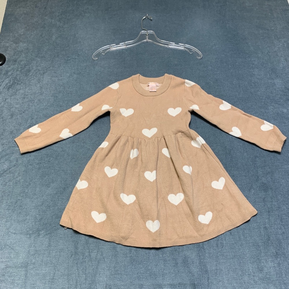 Sweet Stories Fit & Flare Dress Girls 6 Brown Heart Print Knit Pleated Pullover